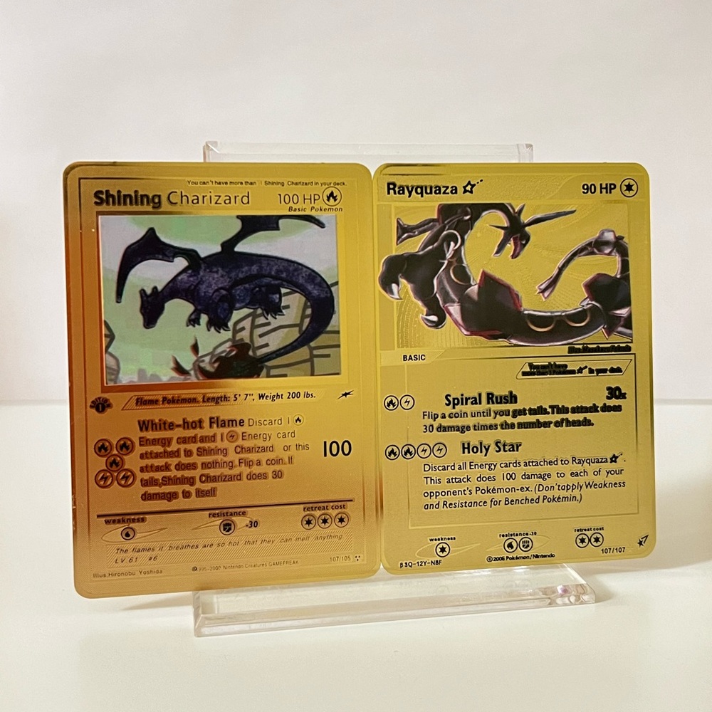 Pokemon Shining Charizard 107/105 & Rayquaza 107/107 METAL GOLD CARD Fan Art